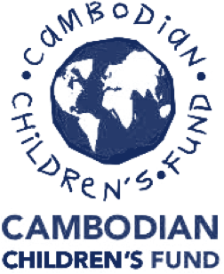 the Cambodian Children’s Fund logo: a drawing of the Earth with the words 'Cambodian Children's Fund' drawn in childlike handwriting in a circle around it, and also written underneath it